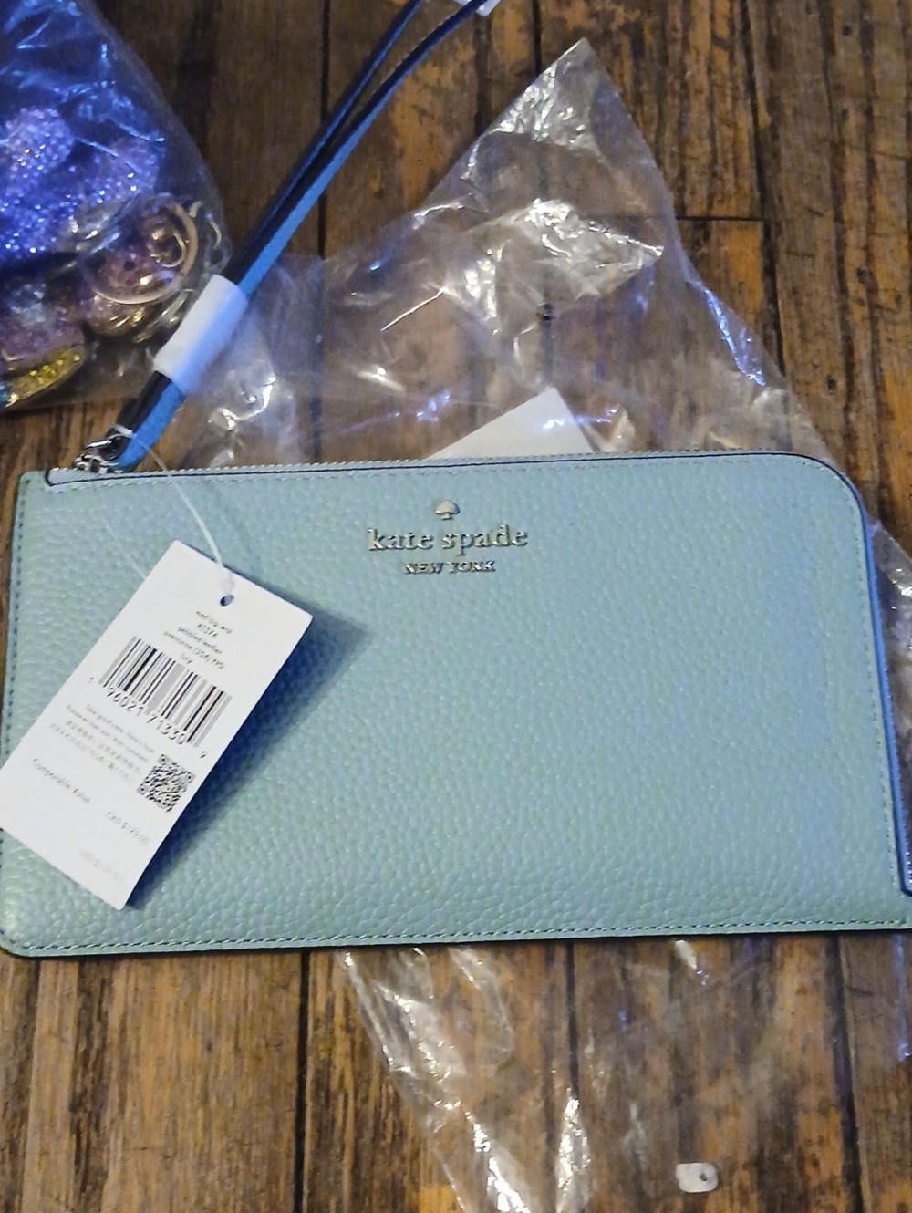 kate spade Light Green Pebbled Leather Zip Wallet